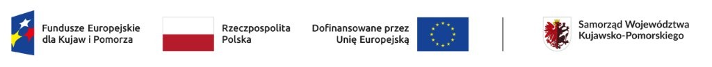 Grafika przedstawia następujące logotypy: niebieski logotyp z gwiazdkami Funduszy Europejskich dla Kujaw i Pomorza, flagę Polski i napis Rzeczypospolita Polska, flagę Unii Europejskiej i napis Dofinansowane przez Unię Europejską oraz herb województwa i napis samorząd Województwa Kujawsko-Pomorskiego 