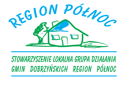 Grafika przedstawia logotyp w formie narysowanego zielonego domu, za którym znajduje się drzewo . Nad nim jest napis  Region Północ, pod nim jest napis Stowarzyszenie Lokalna Grupa Działania Gmin Dobrzyńskich Region Północ